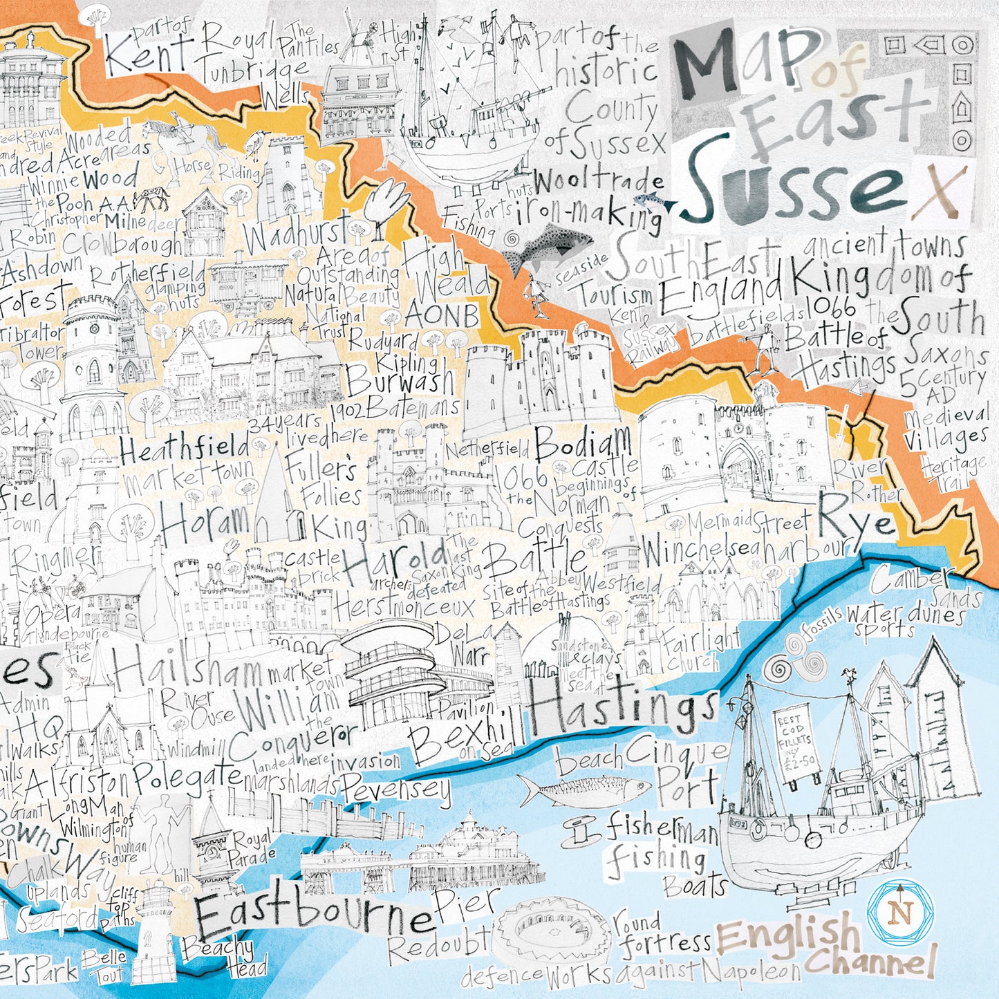 Map of East Sussex Greetings Card