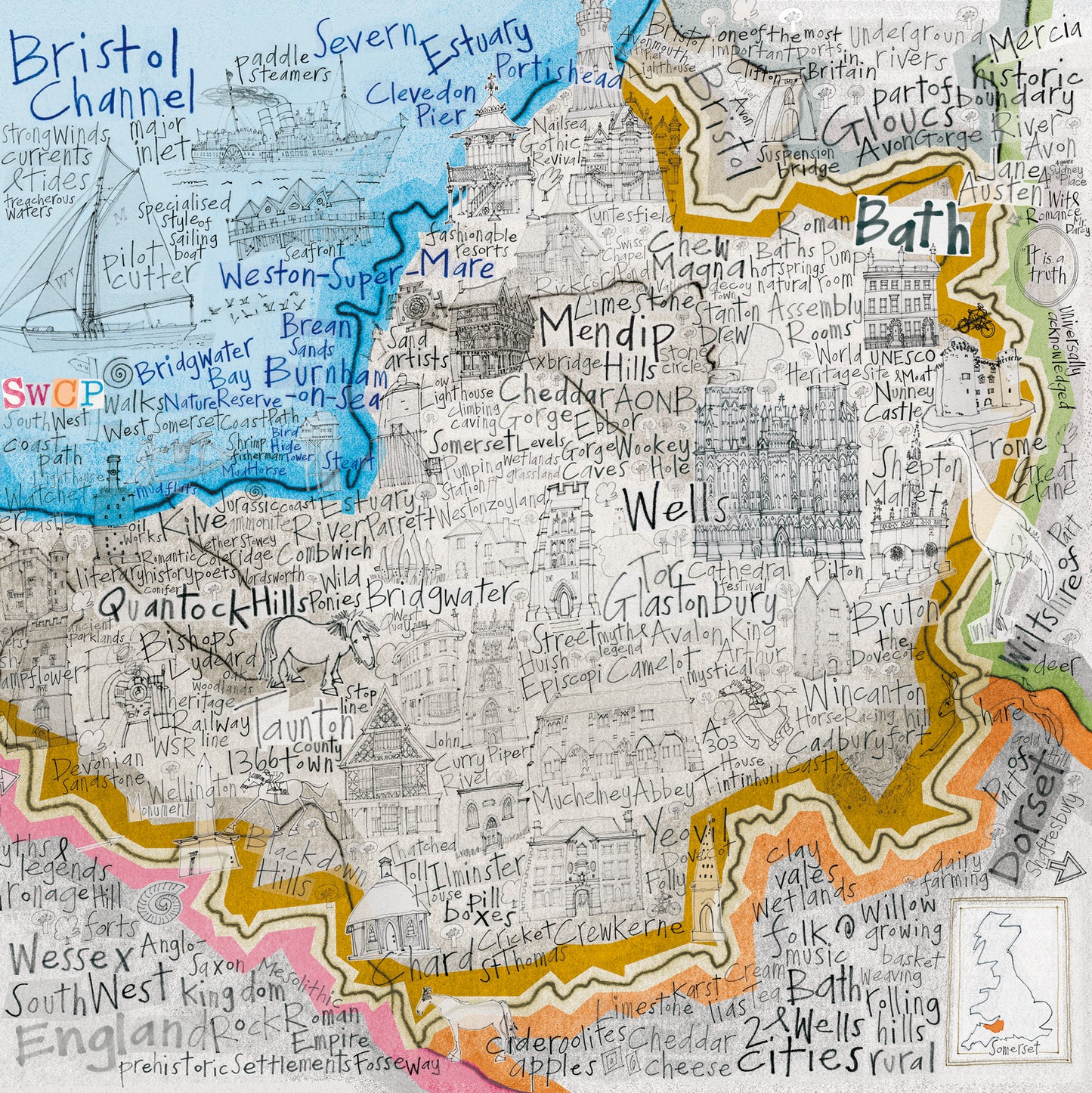 Map of Somerset and Bath - Greetings Card