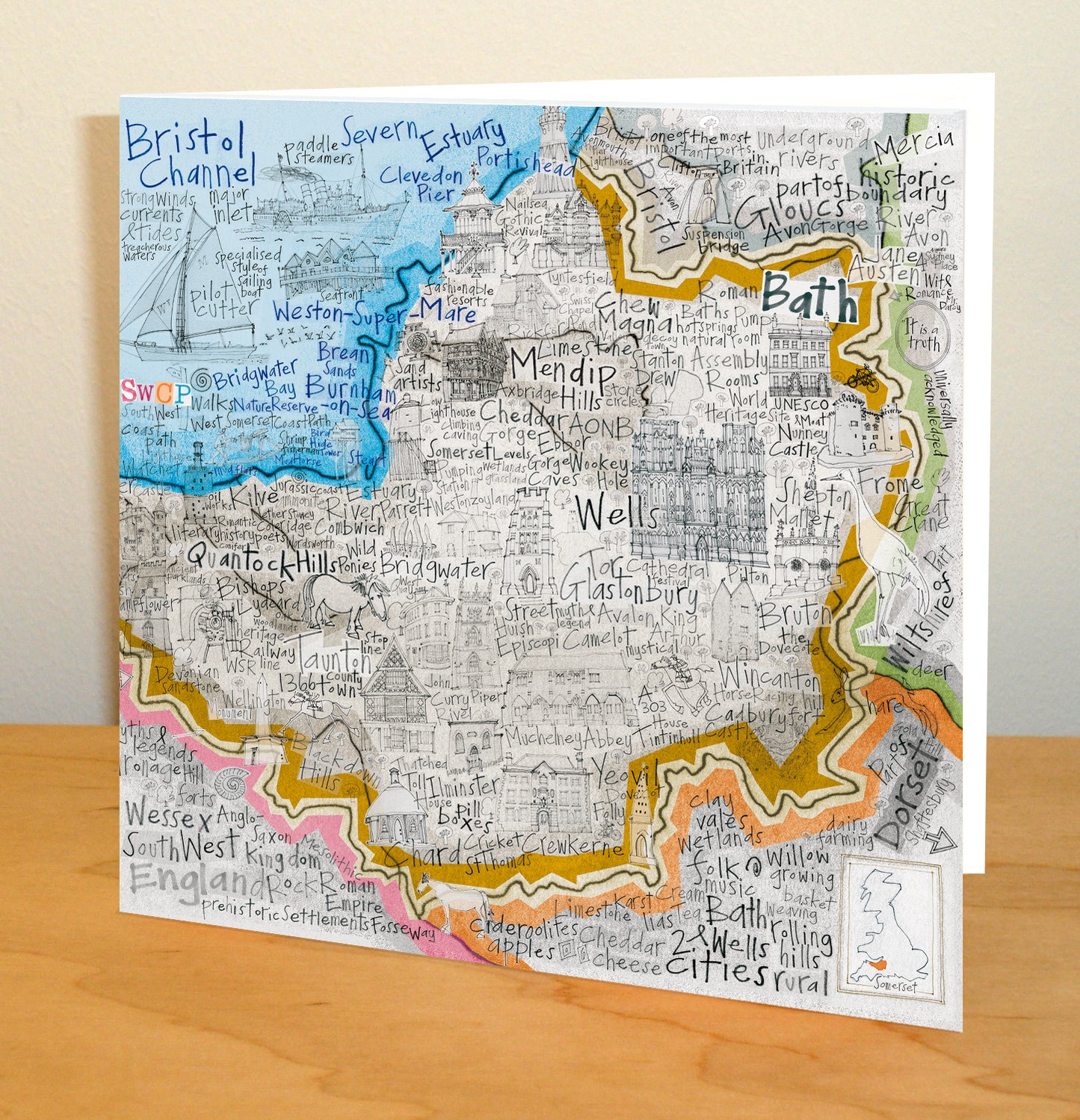 Map of Somerset and Bath - Greetings Card